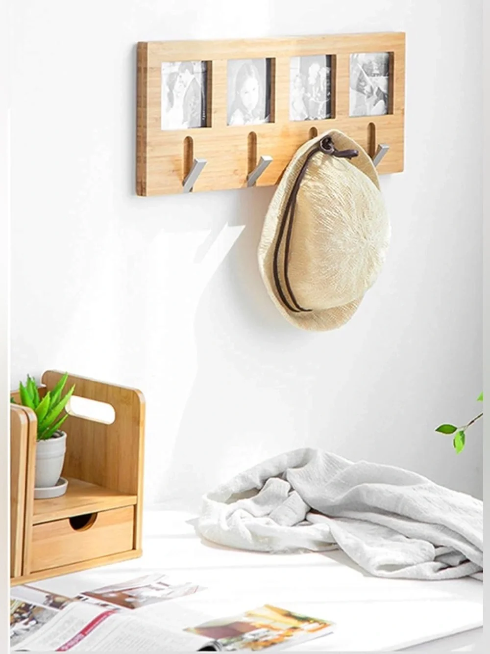 New in plastic 4 Wooden Photo Frame Coat Rack in Natural white tan wood